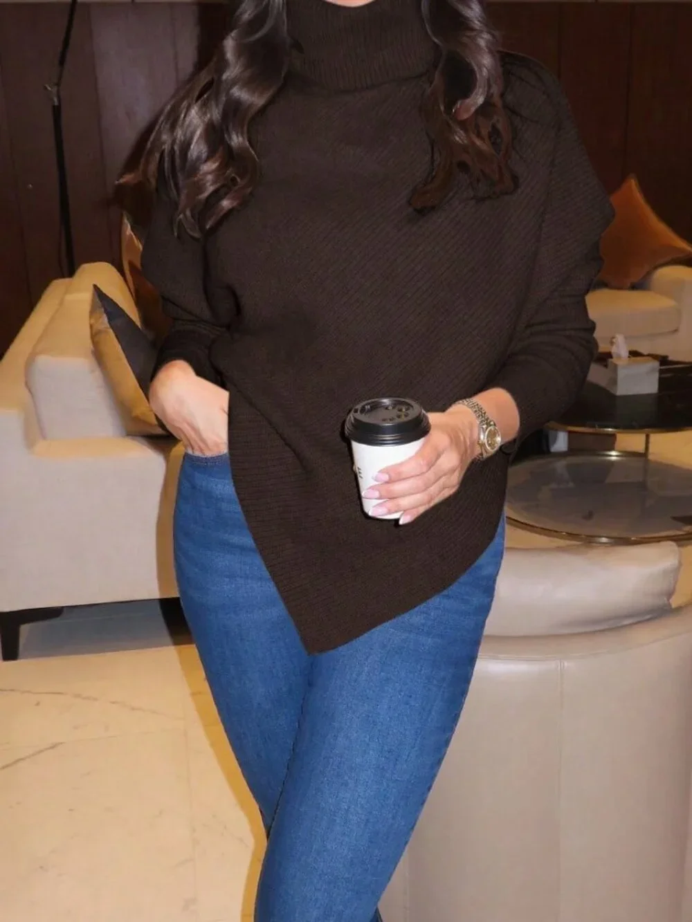 Brown Casual Women's Off-Shoulder Wrap Long Sweater